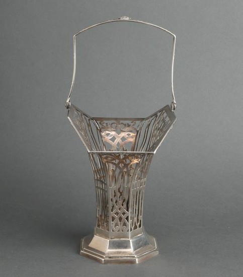 Sterling Silver Pierced Basket Form Vase w Handle