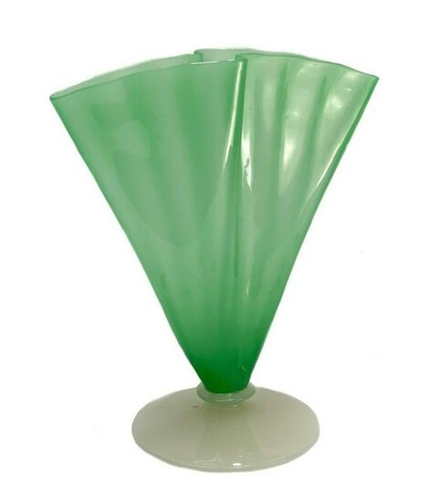 Steuben Green Jade Glass and Alabaster Fan-Shaped Vase
