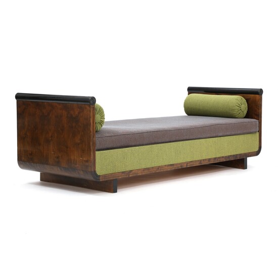 NOT SOLD. Swedish Grace: Daybed with curvy, profiled frame of black painted and stained birch....