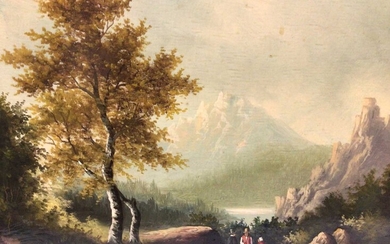 Swiss School 19th Century, Figures in a mountainous landscape, oil on board, in gilt frame. 19 x 24cm