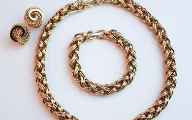 THREE PIECES VINTAGE SIGNED MONET GOLD-TONE COSTUME JEWELRY. Heavy braided,...