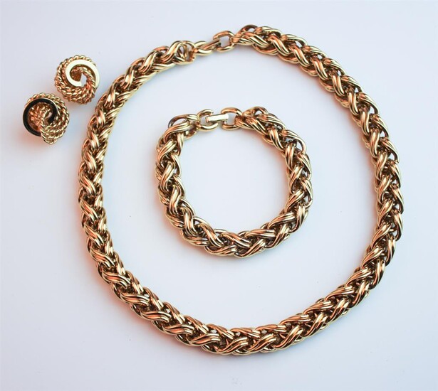 THREE PIECES VINTAGE SIGNED MONET GOLD-TONE COSTUME JEWELRY. Heavy braided,...