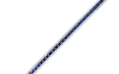 TIFFANY & CO., A SAPPHIRE AND DIAMOND BRACELET comprising a row of rectangular step cut sapphires...