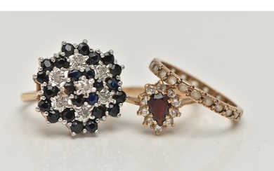 TWO 9CT GOLD GEM SET RINGS AND A FULL ETERNITY RING, to incl...