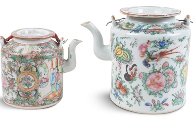 TWO CHINESE EXPORT ROSE MEDALLION TEAPOTS, LATE 19TH CENTURY Height of taller: 6 1/4 in. (15.9 cm.), Height of smaller: 4 3/4 in. (12.1 cm.)