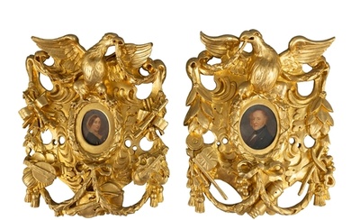 TWO GILTWOOD AND GESSO PIERCED CARVED FRAMES, each with ce...