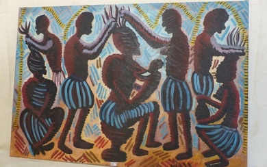 Table "African women at the hairdresser's". Congolese school, circa 1970. Size: 67 x 98 cm.