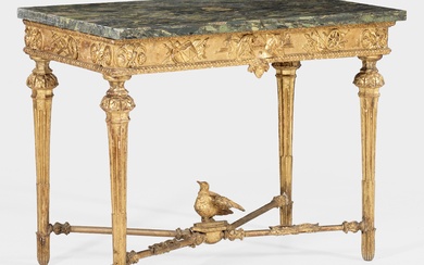 Table de console Louis XVI Bois sculpté, serti et doré. Cadre droit à décor d'attributs...