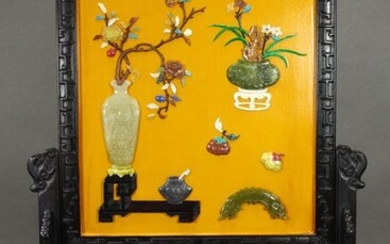 Table screen - Wood - A table screen inlaid with seven different stones - China - Modern
