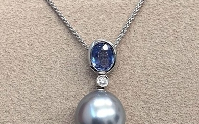 Takara Pearls - 18 kt. Tahitian pearl, White gold - Pendant - 1.03 ct Sapphire - Diamond, Diamonds