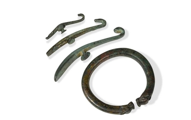 Three Chinese bronze belt hooks, Han Dynasty