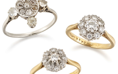 Three diamond rings, comprising two of brilliant-cut diamond circular-cluster design,...