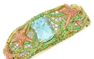 Tiffany & Co. Gold, Platinum, Blue-Green Tourmaline, Gem-Set and Diamond 'Starfish' Cuff Bangle Bracelet