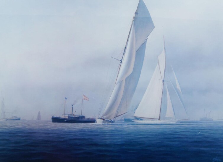 Tim Thompson, British b.1951- The America's Cup: 1895 Defender defats Valkyrie III, and The America's Cup: 1851 America defeats the British Fleet; reproductions printed in colours, two, each signed in pencil lower right, each signed within the...