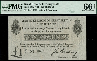 Treasury Series, John Bradbury, second issue £1, ND (23 October 1914), serial number D/41 18221...
