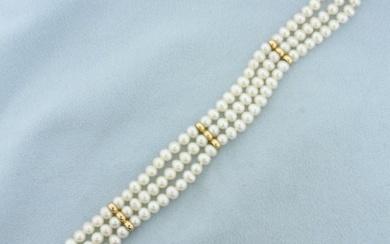 Triple Strand Cultured Pearl Bracelet in 14k Yellow Gold