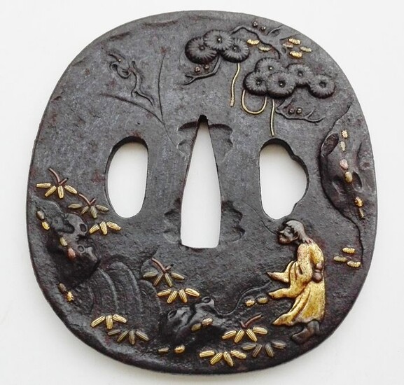 Tsuba - beautiful design man , mountain ,grass, flower leafdesign motif with gold and copper inlay - Iron - Japan - Late Edo period