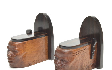 Two Amsterdam School oak & coromandle wooden bookends decorated with...
