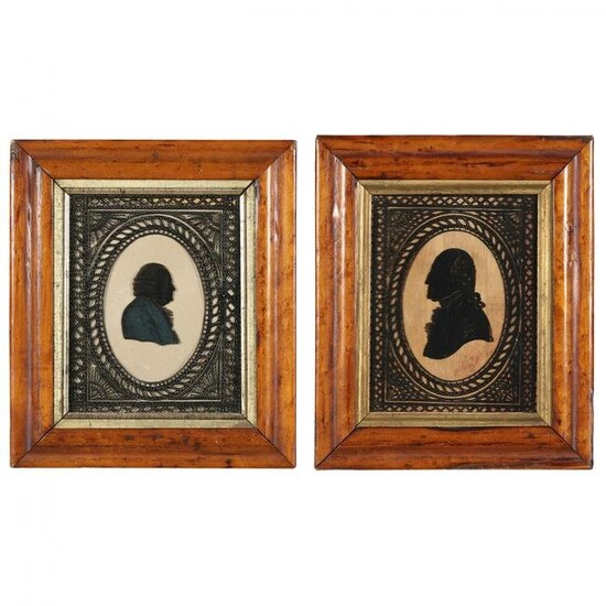 Two Antique Reverse Painting on Glass Silhouettes of