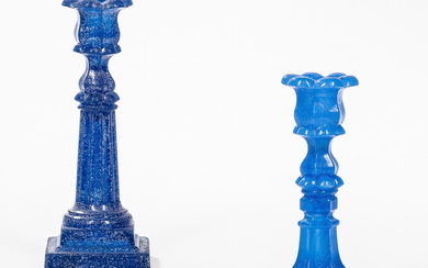 Two Blue Glass Blown Molded Candlesticks