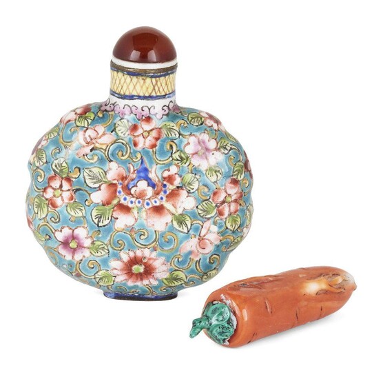 Two Chinese snuff bottles, 19th century, one a painted Canton enamel snuff bottle decorated with flowering lotus and chrysanthemum blossoms amongst leafy stems, the other a coral snuff bottle carved as a hanging fruit, 54.cm-6.5cm long (2)