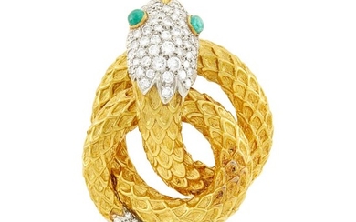 Two-Color Gold, Diamond and Cabochon Emerald Serpent Brooch