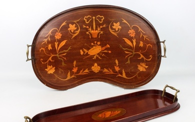 Two Edwardian mahogany and marquetry trays - one kidney shap...