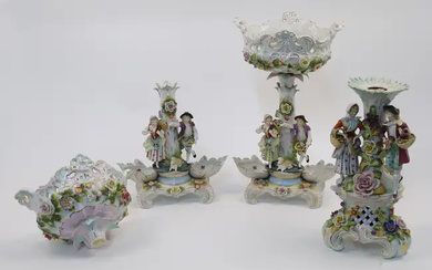 Two Sitzendorf porcelain figural centrepieces, late 19th / early 20th century, blue...