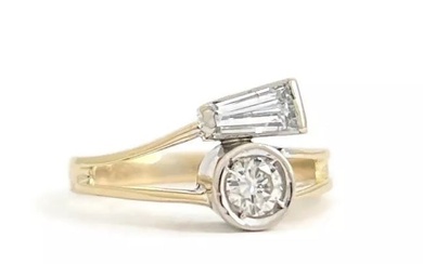 Two-Tone Baguette Round Diamond Bypass Pinky Ring 14K Yellow Gold, 1.82 Grams