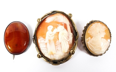 Two cameos: one late 19th century carved cameo, a smaller example, together with an agate brooch