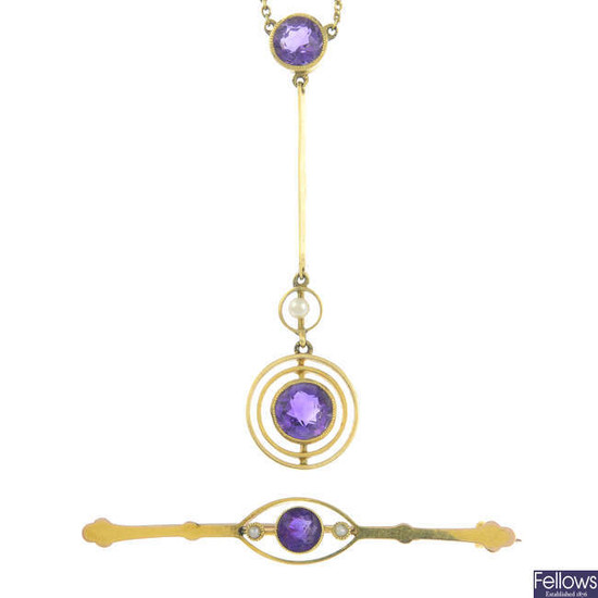 Two items of early 20th century gold amethyst and split pearl jewellery.