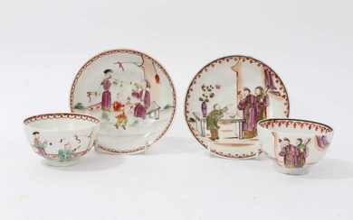 Two pairs of 18th century Lowestoft porcelain tea bowls and saucers, decorated in polychrome enamels with chinoiserie figural scenes (4)