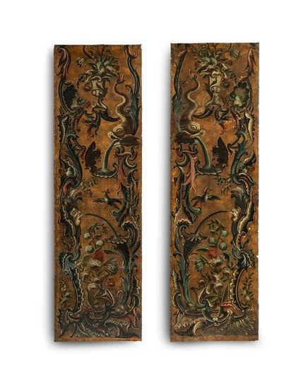 Two rococo leather wallpaper panels. 18th century. 278...
