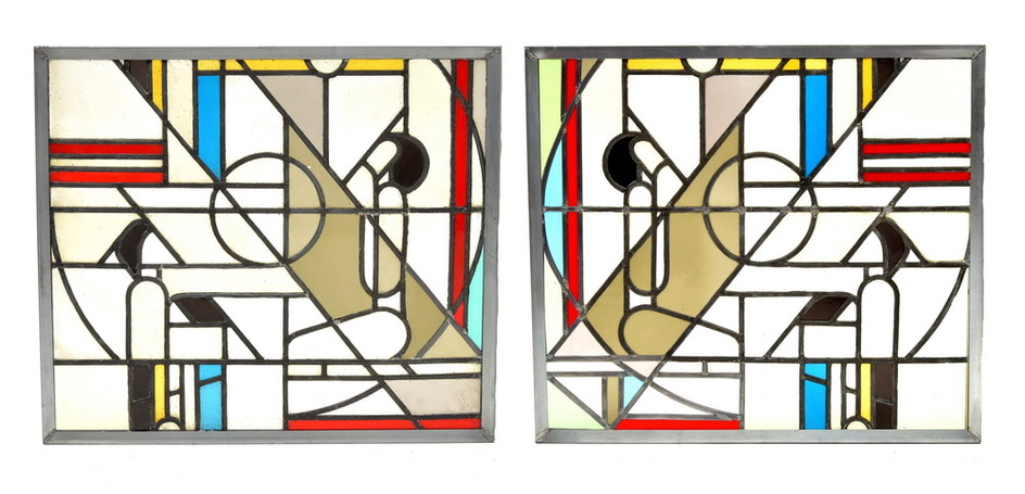 Two stained glass panels "de Stijl", design Kees...