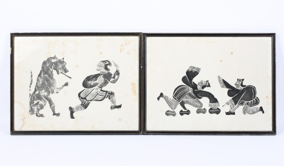 Two vintage black screen prints of theatrical Chinese figures and a tiger