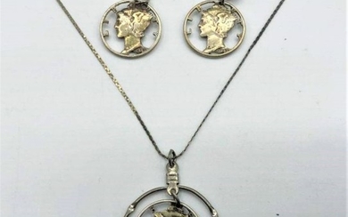 US Silver MERCURY DIME Pendant Necklace and Earrings