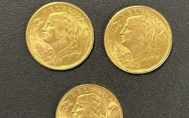 Un lot de 3 pièces de 20 Francs OR Suisse Helvetia 1922 (1), 1927 (2)...