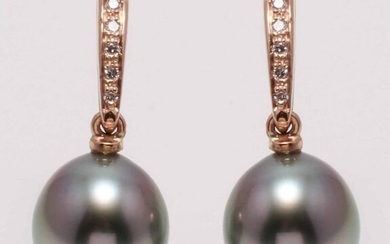 United Pearl - 14 kt. Rose Gold - 9x10mm Peacock Tahitian Pearl Drops - Earrings - 0.08 ct