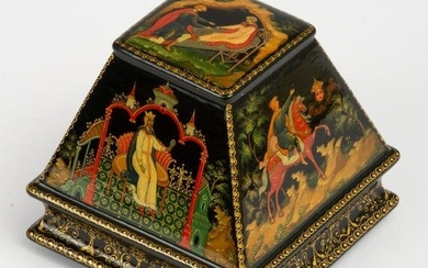 VERY FINELY PAINTED RUSSIAN LACQUER BOX SHOWING PUSHKIN'S TALE OF THE DEAD TSAR'S DAUGHTER