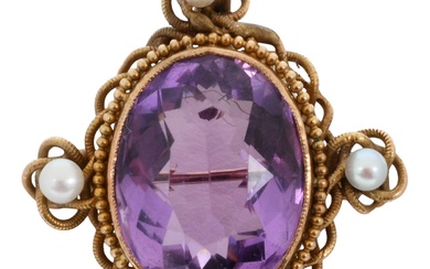 VICTORIAN 14K YELLOW GOLD, OVAL CUT AMETHYST AND PEARL PENDANT BROOCH