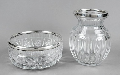 Vase and round bowl with silver rim mounting, German, 20th century, maker's marks Hermann Behrnd