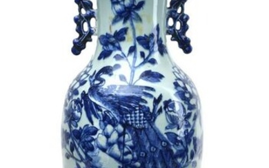 Vaso in porcellana bianco blu con pavone e peonie Cina