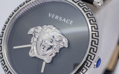 Versace - Palazzo Empire Black and Silver Dial 39 MM Black leather strap Swiss Made- VCO060017 - Women - Brand New