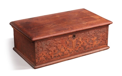 Very Fine and Rare Pilgrim Century Red-Painted Carved Oak and Yellow Pine Document Box, attributed to John Moore I, Windsor, Connecticut, circa 1685