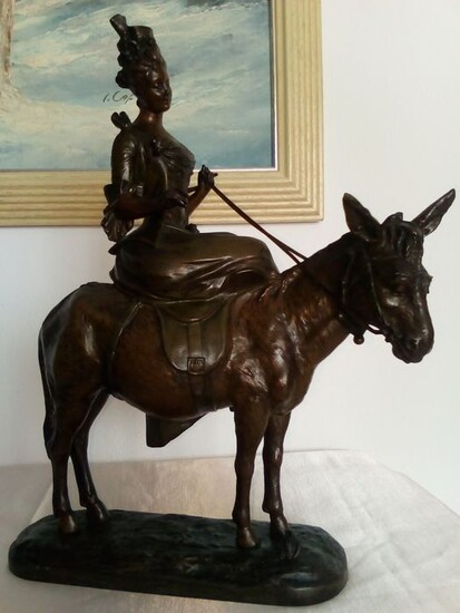 Victor Léopold Bruyneel (1859-?) - Sculpture, women on a donkey (1) - Alloy, Spelter - Late 19th century