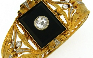 Victorian Black Onyx Diamond Yellow Gold Bangle