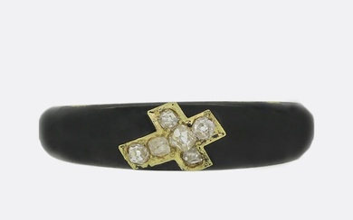 Victorian Diamond Cross and Enamel Mourning Ring