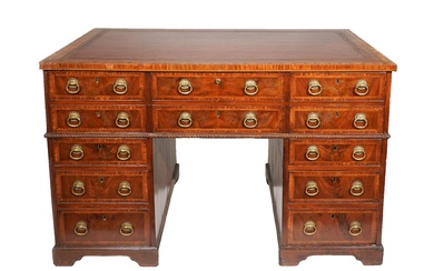 Victorian Inlaid Mahogany Gilt-Tooled Leather Inset Kneehole Pedestal Rent Desk, James Winter and Sons (1823-1882), Third Quarter 19th Century