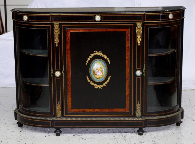 Victorian ebonised credenza sideboard with inlay, hand painted porcelain...