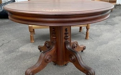 Victorian walnut pedestal dining table, some wear spots on top, structurally sound, measures 44"